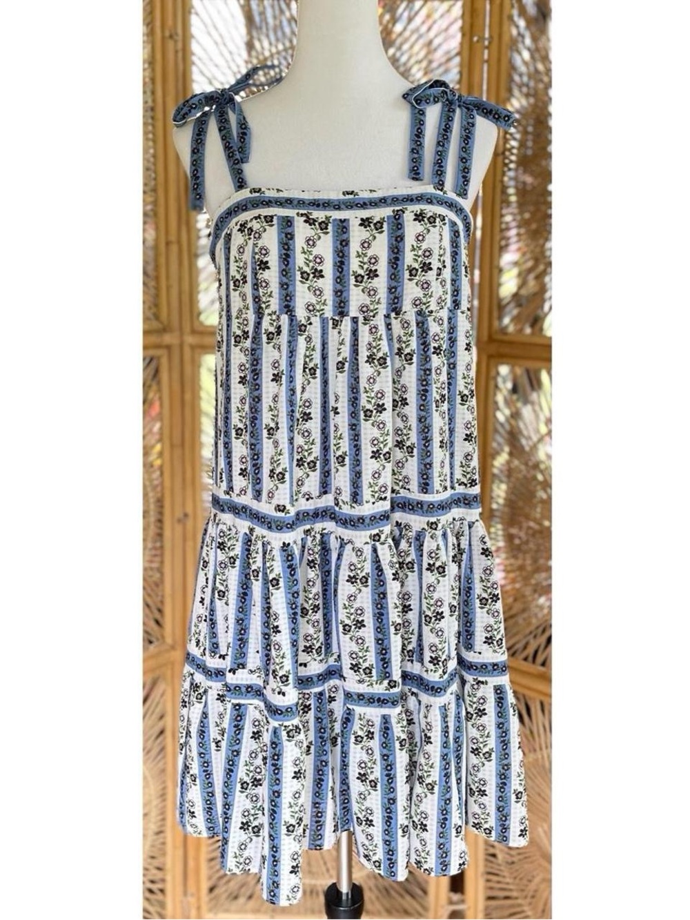 Melonie T White & Blue Floral Print Tired Midi Dress Summer Girly Romantic Sz 6 - Picture 2 of 7
